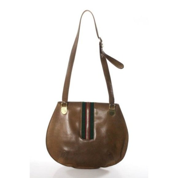 Gucci Vintage Tanmedium Brown Leather Shoulder Bag With Red Green Center - Picture 11 of 12